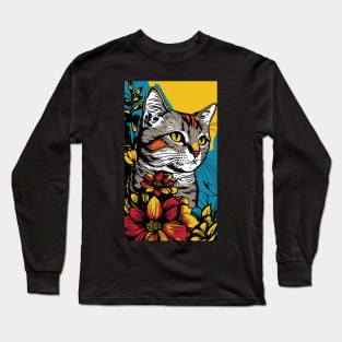 American Shorthair Cat Vibrant Tropical Flower Tall Retro Vintage Digital Pop Art Portrait Long Sleeve T-Shirt